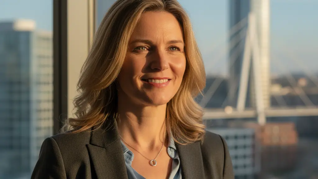 A highly realistic, eye-level portrait of a confident, content German woman in her late 40s to early 50s, dressed in smart business casual, smiling subtly as she looks thoughtfully forward. She is centrally framed from the chest up, with a softly blurred modern German cityscape visible through a large office window behind her. The image exudes a sense of financial well-being, professionalism, and optimistic future planning.