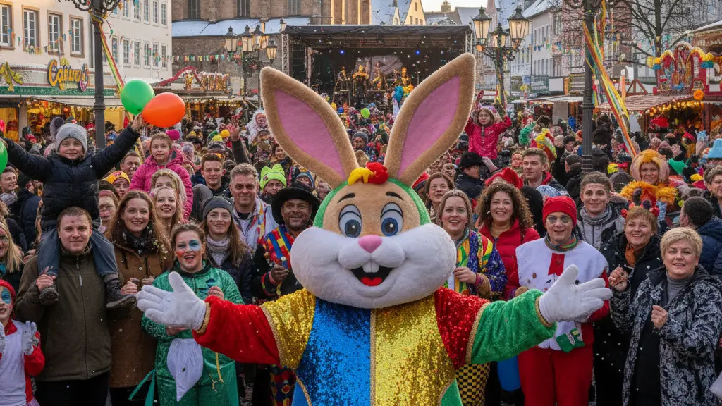 A vibrant and festive carnival scene in Paderborn, Germany, depicting Hasi Palau in a colorful costume surrounded by joyful crowds enjoying parades and live music, with recognizable local architecture in the background.