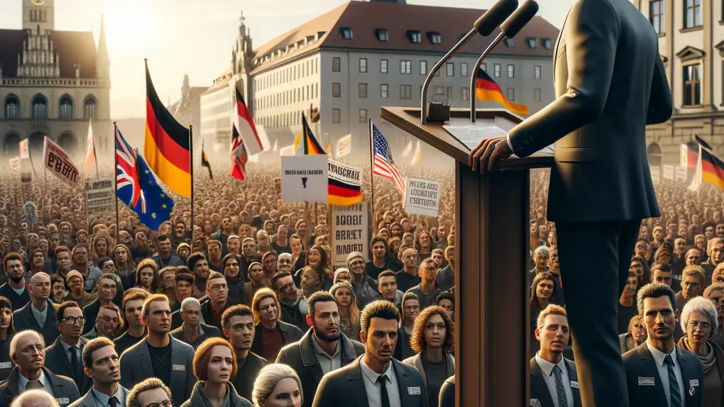 An ultra-realistic image of a political rally in Erfurt, Germany, showing Björn Höcke at a podium surrounded by an enthusiastic crowd, with iconic Erfurt architecture in the background, conveying a message of unity and hope.