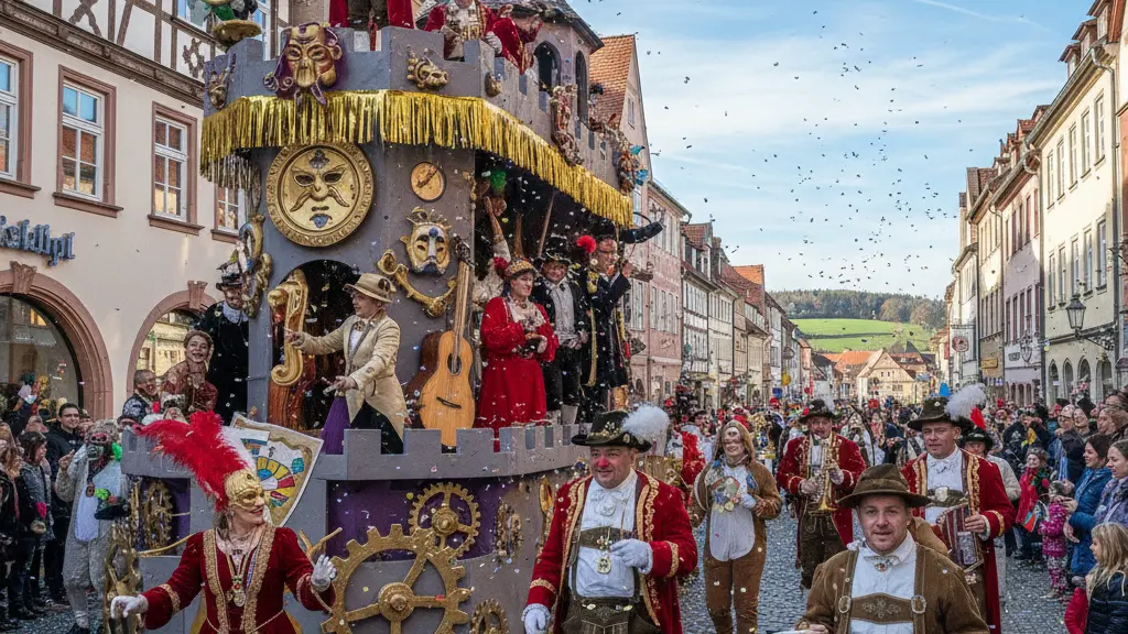 A vibrant ultra-realistic depiction of the Radeburger Faschingsumzug 2026, showcasing colorful floats and joyful participants dressed in festive costumes, set against the charming backdrop of historic Saxon architecture.