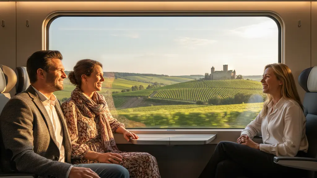 A photorealistic image of three smiling, diverse adult travelers in a modern German high-speed train, looking joyfully out a large window at a sun-drenched German countryside with rolling hills and a distant medieval castle. The scene conveys optimism and the beauty of alternative travel, with no visible text.