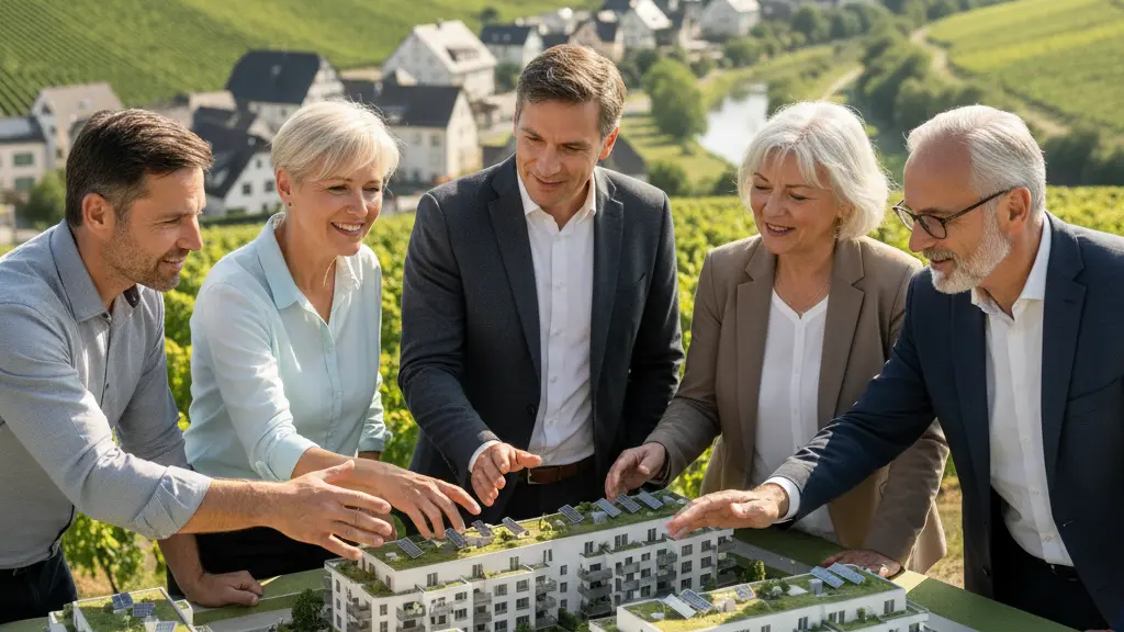 A diverse group of six individuals, multi-generational, stands centered around a detailed architectural model of a modern, sustainable housing development. Their expressions are hopeful and collaborative. The background features blurred, characteristic Rhineland-Palatinate vineyards and traditional half-timbered houses, signaling regional context for housing solutions.