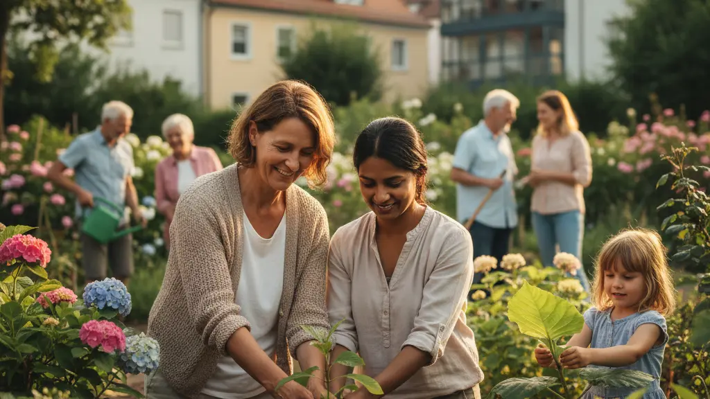 A photorealistic, golden-hour image captures a diverse group in a lively German community garden. In the foreground, a German resident and a newcomer are gently planting a sapling together, their hands intertwined, smiling warmly. The scene is filled with other diverse individuals happily tending to plants. In the softly blurred background, typical German architecture and lush park foliage provide environmental context. The image conveys themes of successful integration, shared growth, and community.