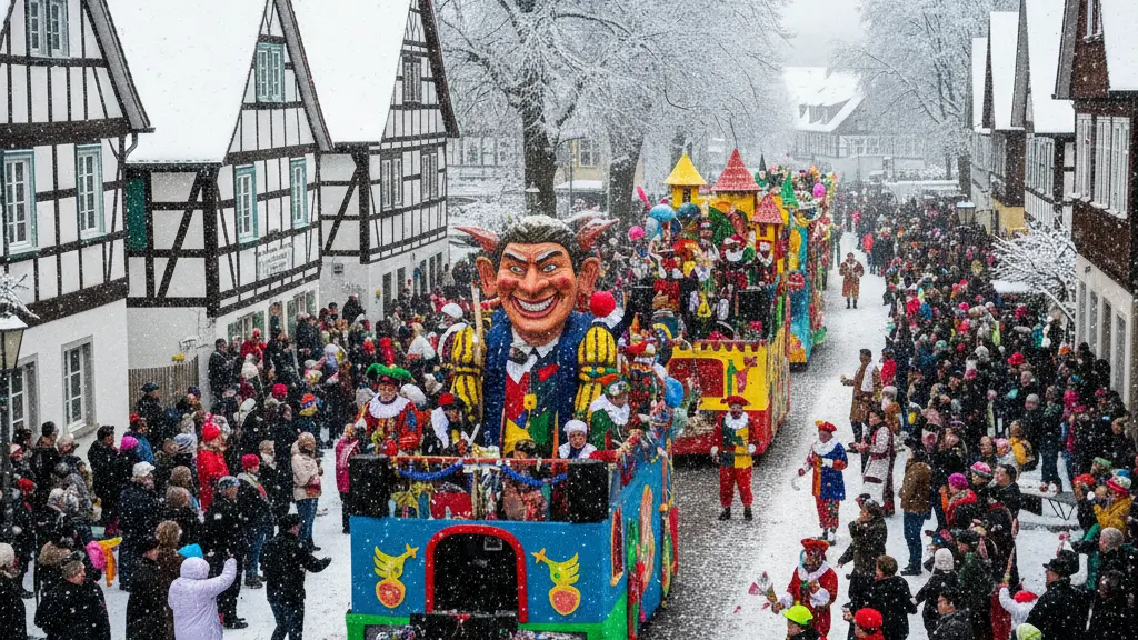 A vibrant and festive Rose Monday parade in the Hochstift region, with colorful floats and participants in carnival costumes, celebrating despite falling snow in a picturesque winter landscape.