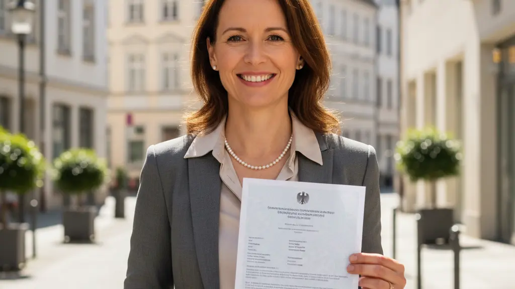 An ultra-realistic, photorealistic image of a joyful British woman, in her late 30s, smartly dressed, standing centrally in a sunlit German city street. She holds a new German permanent residency document with a radiant smile, her eyes conveying relief and optimism. The document, shown without readable text, features abstract official designs. The background reveals classic German architecture with red-tiled roofs and clean facades, subtly indicating a German urban setting. The image conveys successful integration and a secure future, free of any text or overlays.