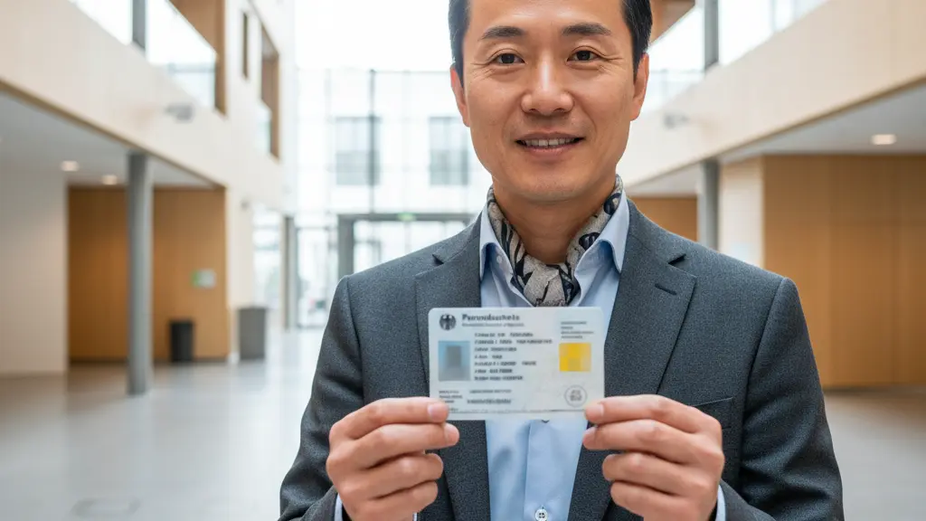 A confident adult individual holds a modern German ID card (Personalausweis) in their hands, looking forward with a subtle, serene smile. The background shows a bright, clean, contemporary interior of a German administrative building, filled with natural light. The image is ultra-realistic and focuses on the central subject, conveying a positive message of identity, security, and readiness for future opportunities in Germany.