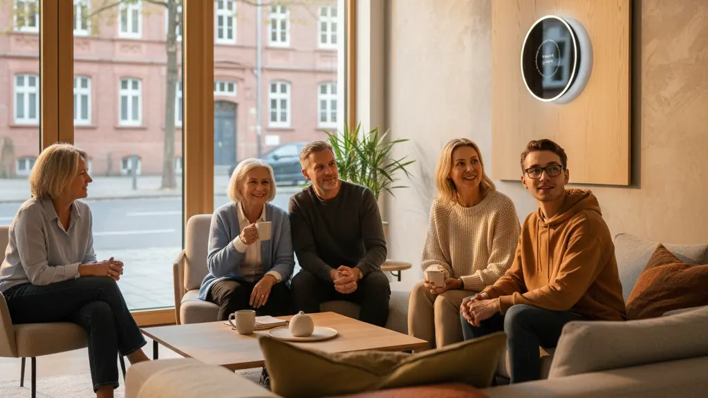 A photorealistic, uplifting image depicting a diverse group of German tenants, including an elderly woman, a couple, and a young adult, gathered in a bright, modern apartment lounge within a typical German building. Their serene expressions convey peace of mind and security, enjoying warmth from an energy-efficient heating system visible in the scene. The image highlights protection from heating costs through responsible modernization, against a backdrop of urban German architecture.