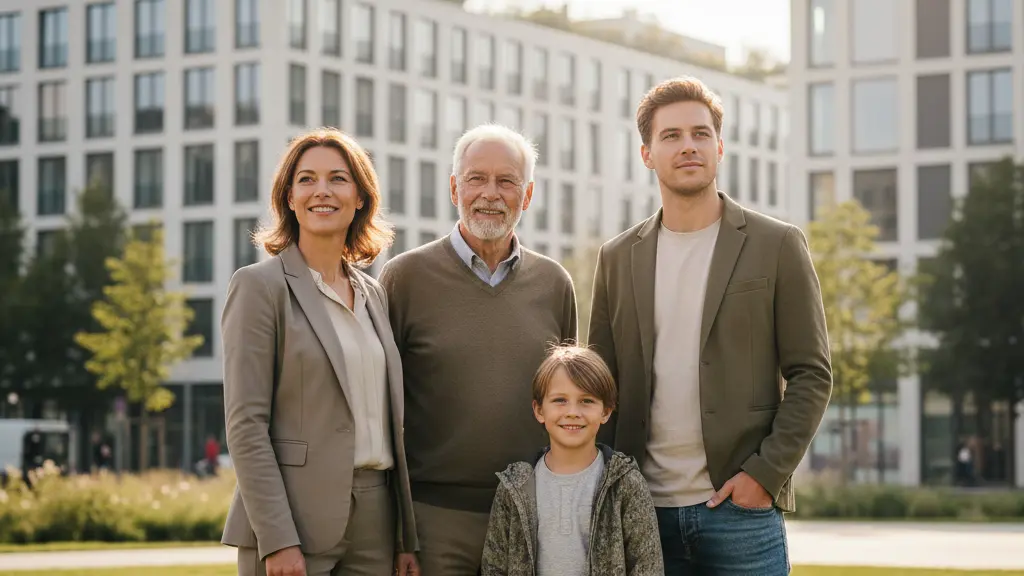 An ultra-realistic, eye-level, medium shot depicts a diverse group of four German individuals—a middle-aged professional woman, a senior man, a young adult, and a child—standing united and smiling optimistically in a sunlit, modern urban green space in Germany. They embody hope and shared purpose, looking towards a sustainable future. Sleek, contemporary German architecture with green elements forms a soft-focus background, reinforcing a vision of thoughtful urban planning and collective well-being.
