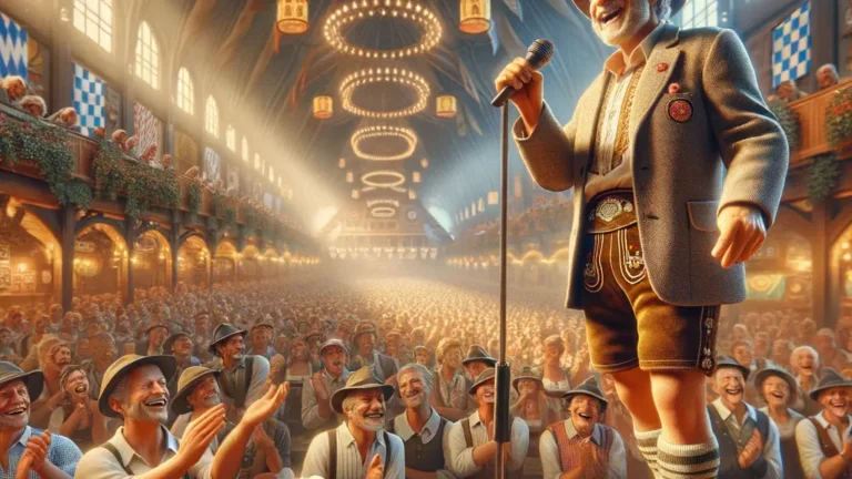 Stephan Zinner, dressed in traditional Bavarian attire, enthusiastically prepares to deliver his speech at the Starkbieranstich on the Nockherberg in Munich, surrounded by an excited audience and festive decorations.