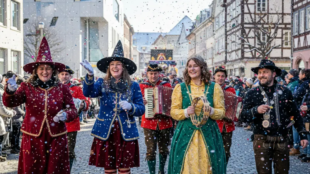 A vibrant scene from the Stuttgart Carnival with participants in colorful costumes joyfully celebrating under a snowfall of graupel, amidst recognizable Stuttgart architecture in the background.