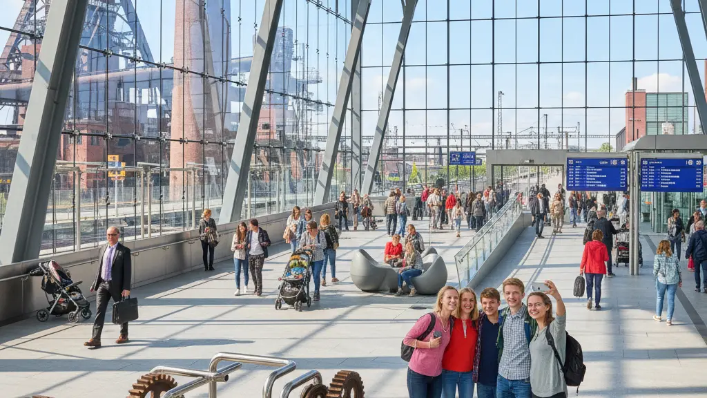 A lively and modern train station in Essen Zollverein Nord, bustling with diverse travelers enjoying accessible facilities and vibrant public art, embodying the essence of efficient and contemporary public transport in the Rhineland.