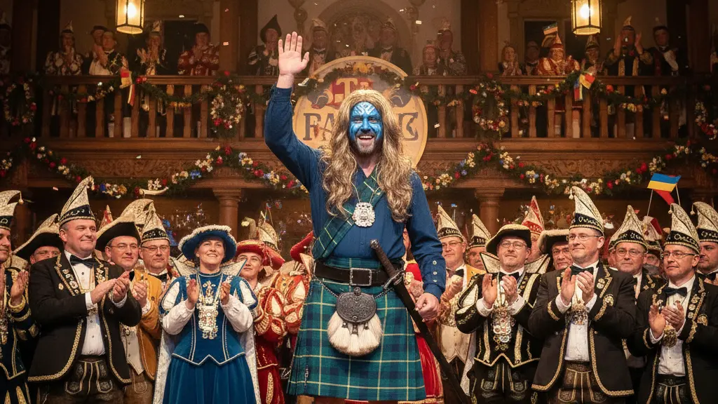 A vibrant scene from Fastnacht in Franken 2026 featuring a performer as William Wallace with blue face paint and a kilt, surrounded by a festive audience in colorful attire, set against the elegant architecture of the Mainfrankensälen, embodying celebration and community spirit.