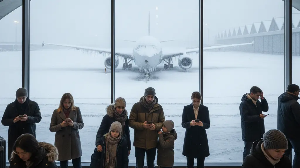 A concerned group of travelers in winter attire inside Berlin's Brandenburg Airport terminal, gazing at their mobile devices. Outside the terminal, heavy snow is falling on an icy runway with a snow-covered airplane, highlighting the impact of winter weather on flight schedules.