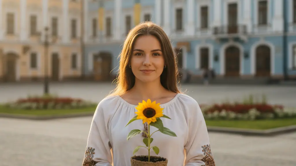 An ultra-realistic, high-resolution image centered on a young Ukrainian woman, early twenties, with a hopeful and determined expression, gently cradling a vibrant sunflower seedling in a terracotta pot. Her modern top has subtle Ukrainian embroidery. The background, softly blurred, shows a beautifully restored historic Ukrainian city square with classical architecture, symbolizing rebuilding and new beginnings. Warm golden hour light illuminates the scene, conveying resilience and optimism.