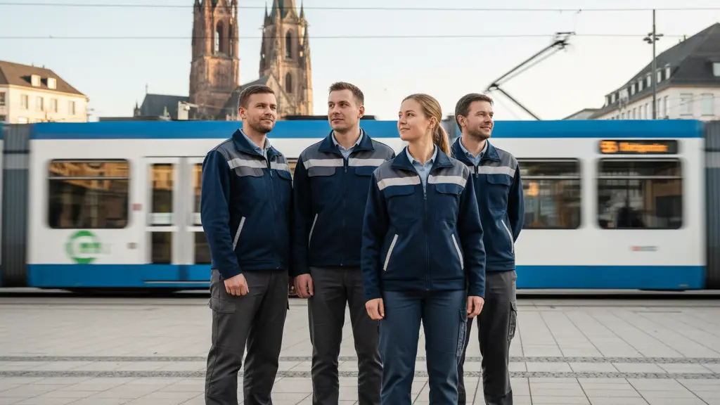 A photorealistic, cinematic image showing four diverse public transport workers in modern German uniforms standing together with hopeful, determined expressions. In the background, the iconic Magdeburg Cathedral and a modern tram are visible under warm golden hour light, conveying unity and the aspiration for a better future.