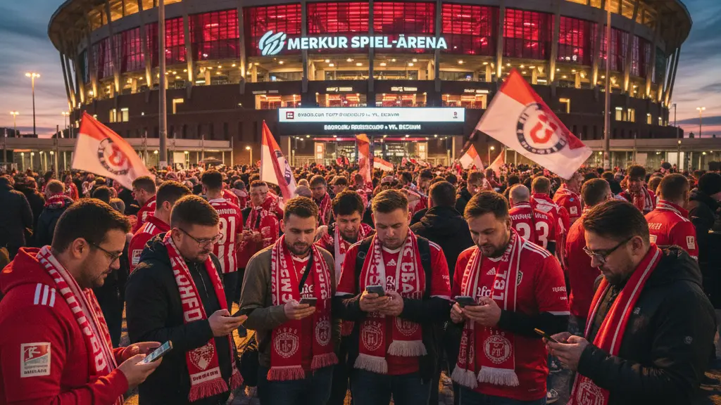 A vibrant scene of Fortuna Düsseldorf fans in red and white colors gathering outside the Merkur Spiel-Arena, engaging with each other and checking their mobile apps, set against the illuminated backdrop of the arena, showcasing the spirit of community amid transit strike challenges.