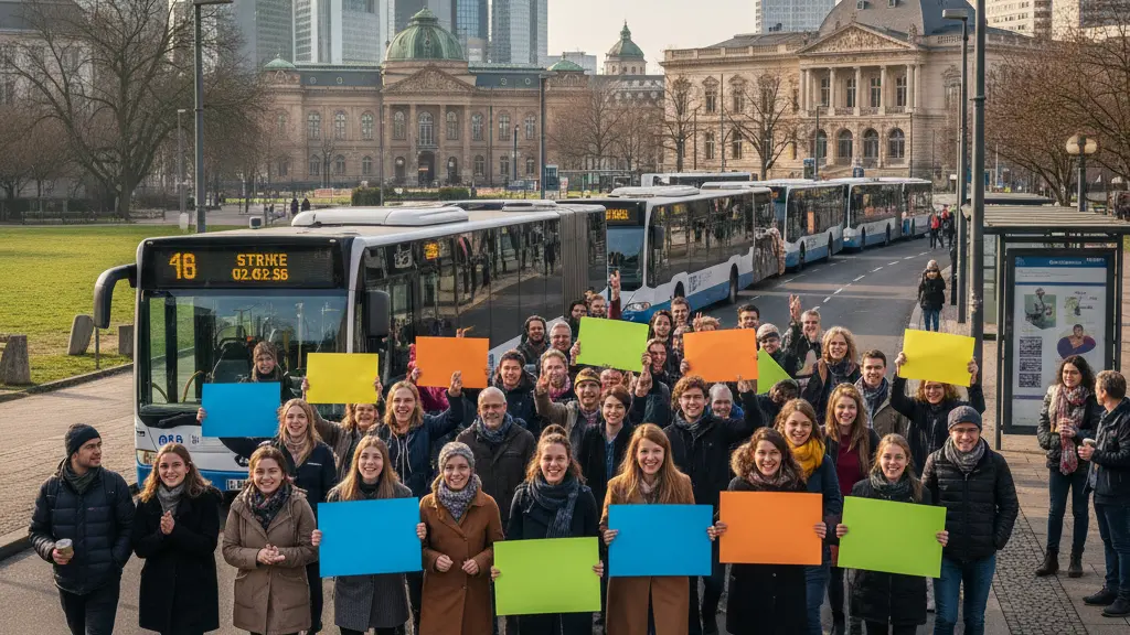 A diverse group of people peacefully demonstrating for better working conditions in a city affected by the Verdi strike in public transport, set against an urban backdrop of recognizable Frankfurt architecture, with a bright and optimistic atmosphere.