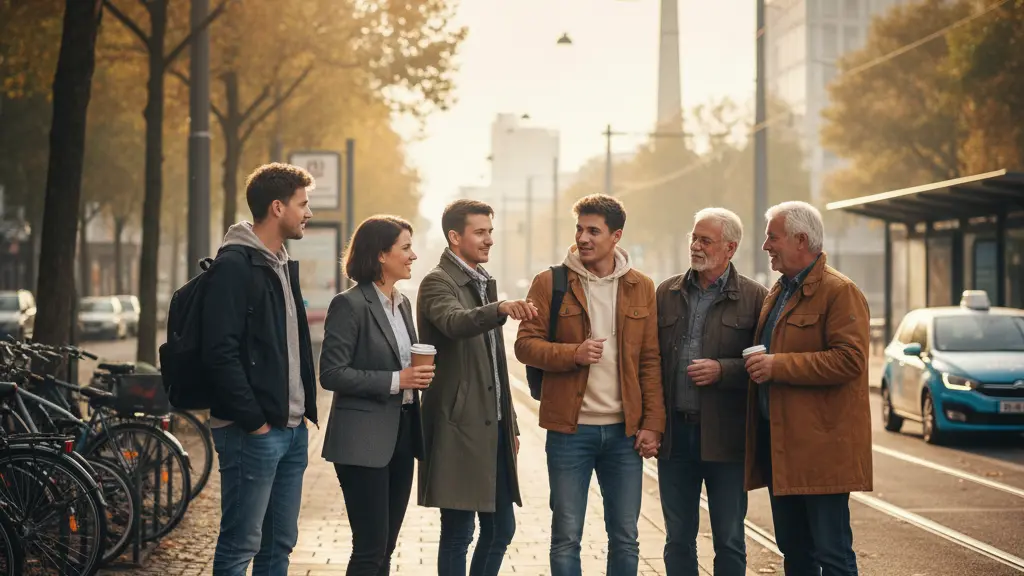 A diverse group of commuters stands determined at a bus stop in Düsseldorf, surrounded by recognizable local architecture and alternative transportation options, symbolizing community resilience during a public transport strike.