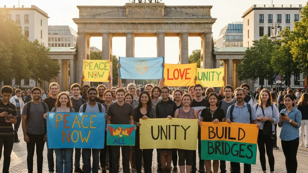A diverse group of peaceful protestors in an urban square, advocating for unity and peace, with recognizable architectural elements of a major European city in the background, all under warm, uplifting sunlight.