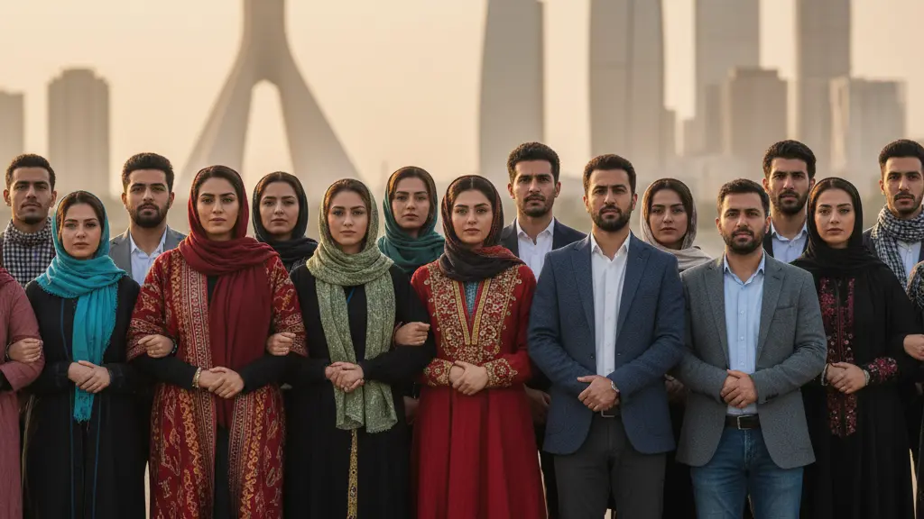 A diverse group of individuals representing various ethnicities standing united, holding hands in solidarity against a blended backdrop of Tehran's and modern European architecture, symbolizing hope and resilience amidst social challenges.