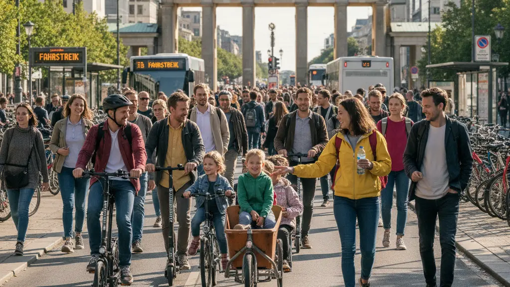A vibrant urban scene in Berlin during a public transport strike, showcasing a diverse group of people using bicycles and electric scooters, surrounded by iconic Berlin architecture like the Brandenburg Gate, conveying a positive message of resilience and community.