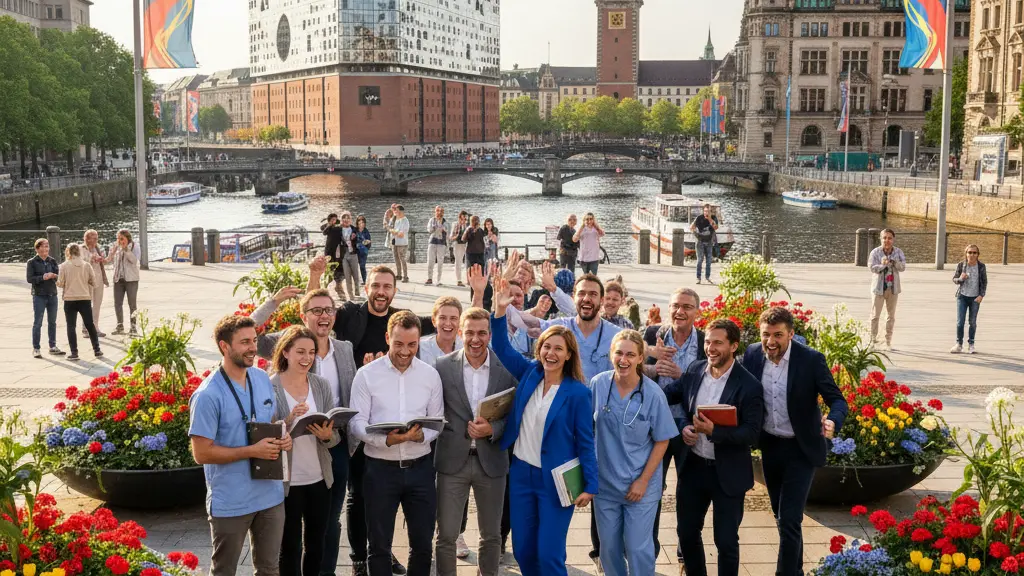 A diverse group of public service employees in Hamburg, including educators and healthcare workers, celebrating a positive salary agreement in a vibrant public square, with iconic Hamburg architecture in the background.