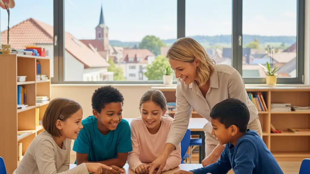 A vibrant, ultra-realistic image of a modern German elementary classroom. Four diverse children (ages 9-12) are joyfully engaged in a hands-on learning activity around a large wooden table, guided by an energetic female teacher. Bright natural light floods the room from large windows, revealing a softly blurred view of traditional red-tiled roofs and green trees of a German town in the background. The atmosphere is positive, dynamic, and focused on collaborative learning.
