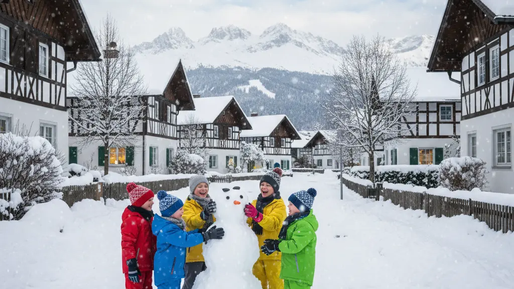 A group of cheerful children building a snowman in a snow-covered suburban neighborhood in Germany, with falling snowflakes and traditional Bavarian architecture in the background, capturing the essence of winter joy.
