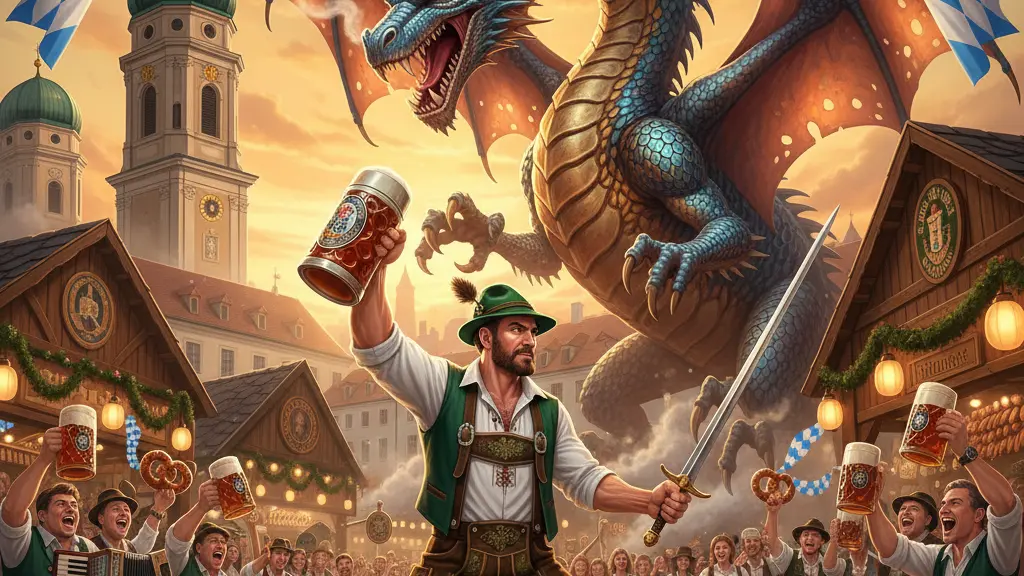 A vivid festival scene during the Starkbierzeit at Nockherberg, Munich, featuring a hero in traditional Bavarian attire facing off against a majestic dragon, surrounded by beer tents and lively festivalgoers.