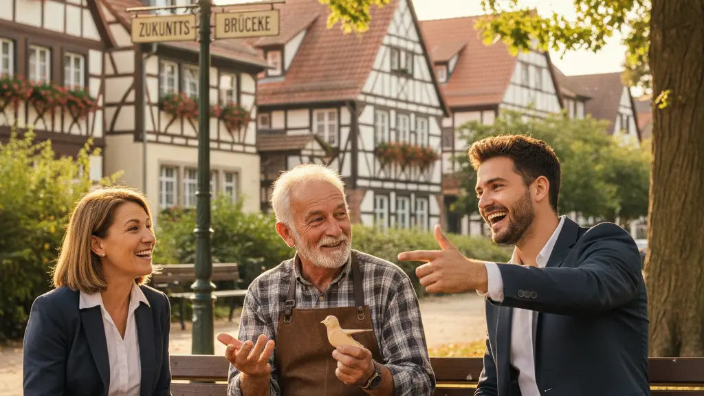 A diverse group of workers, including an elderly craftsman, a middle-aged office worker, and a young professional, joyfully discussing their future in a park with German-style houses and trees in the background, symbolizing unity and optimism about linking pensions to working life duration.
