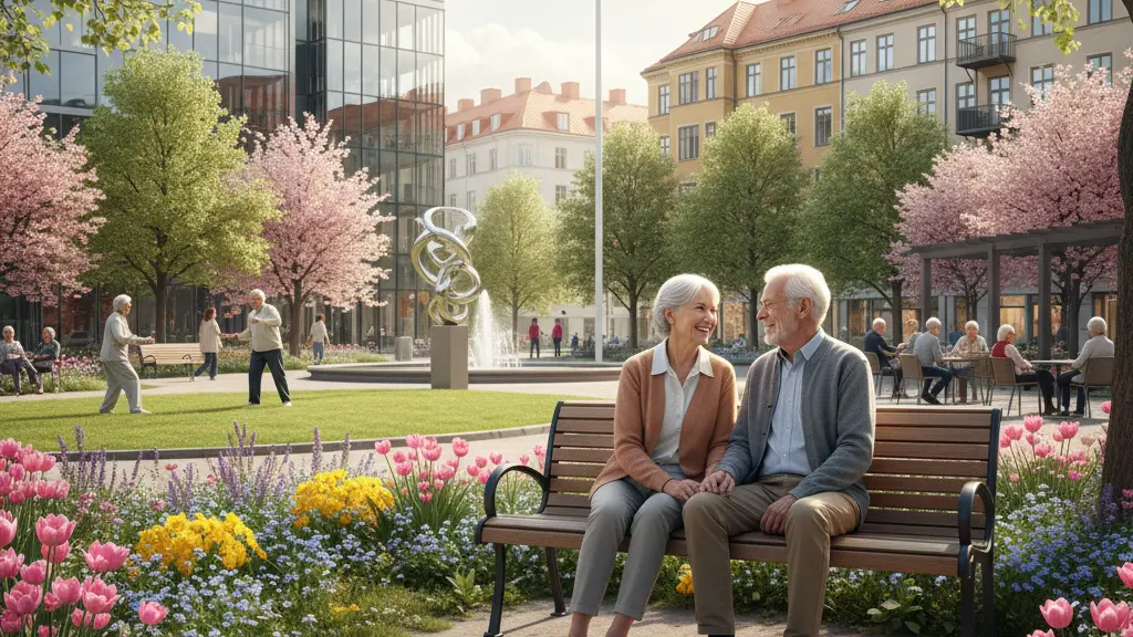 An elderly couple sitting on a park bench in a sunny European park, smiling and enjoying each other's company, surrounded by flowers and trees, symbolizing joy and companionship in retirement.