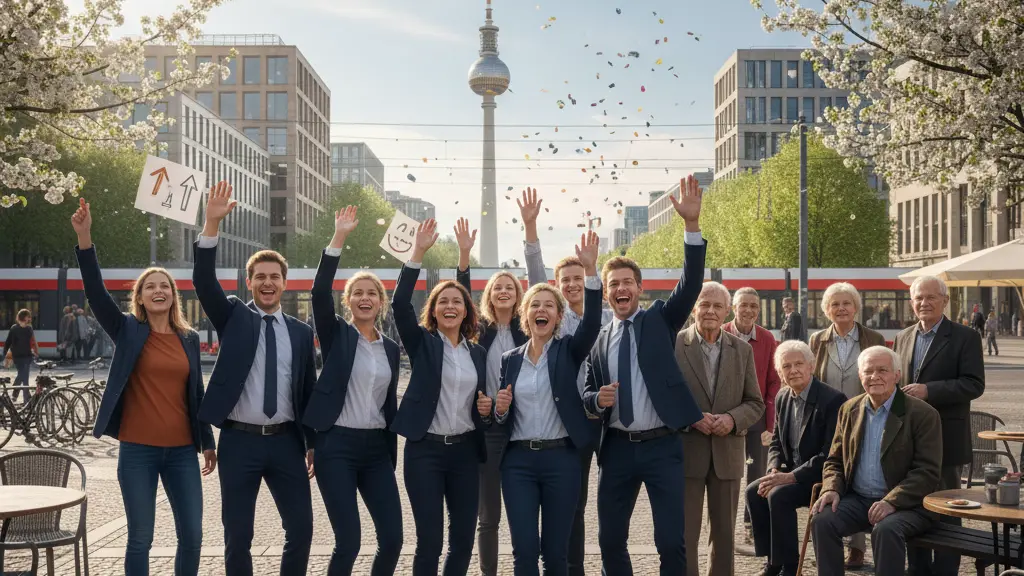 A joyful scene capturing public sector workers celebrating their pay raise in Germany, contrasted with elderly citizens observing thoughtfully, set against a vibrant city backdrop.