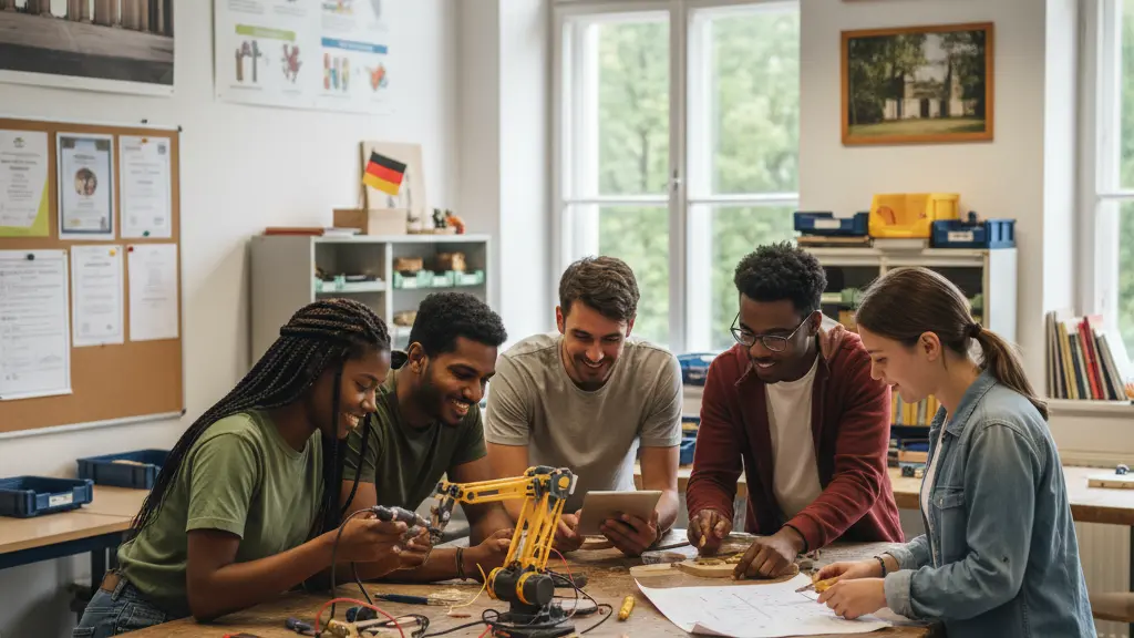 A diverse group of students engaged in a vocational project in a classroom in Germany, symbolizing transformation in education with natural light and subtle educational cues in the background.