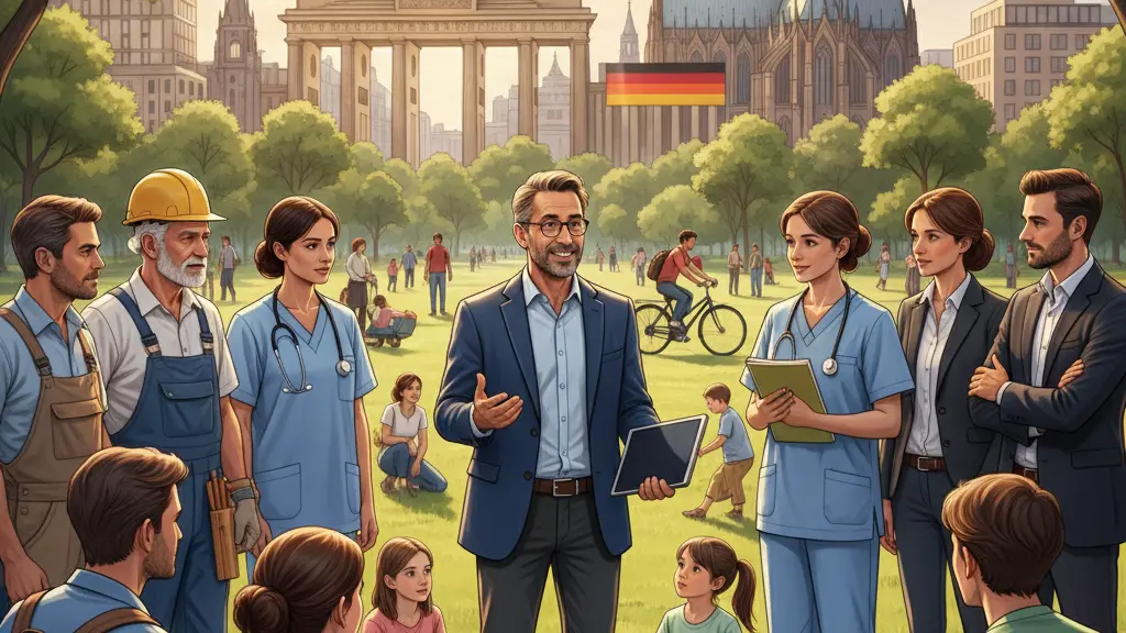 A diverse group of people engaged in a discussion about retirement in a sunny urban park in Germany, with an economist presenting ideas about a contribution-based retirement model.