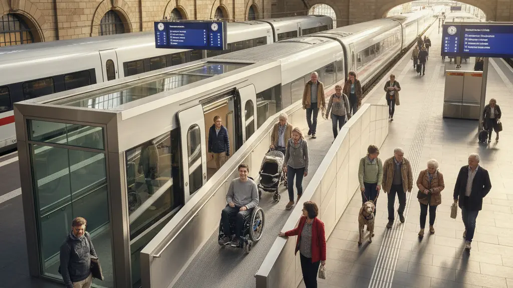A diverse group of individuals, including people with disabilities and families, navigating a modern, fully accessible German train station featuring ramps and automated doors, with high-speed trains and bright natural lighting.