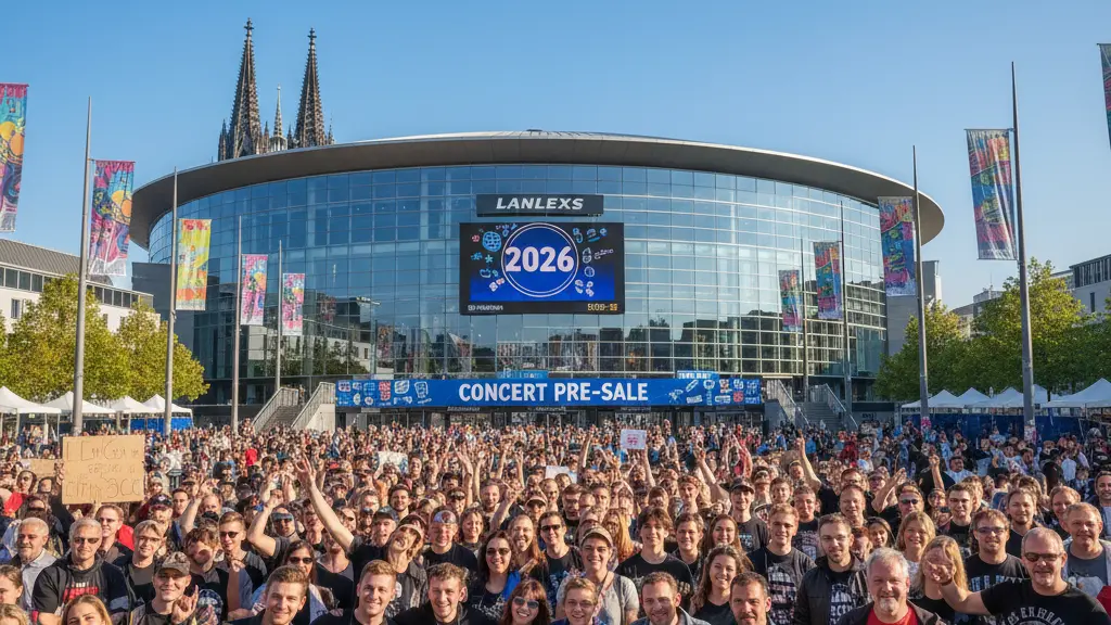 A lively scene at the Lanxess Arena in Cologne, Germany, filled with diverse concertgoers eagerly awaiting upcoming events, under a bright blue sky, showcasing the arena's modern architecture with the Cologne Cathedral in the background.