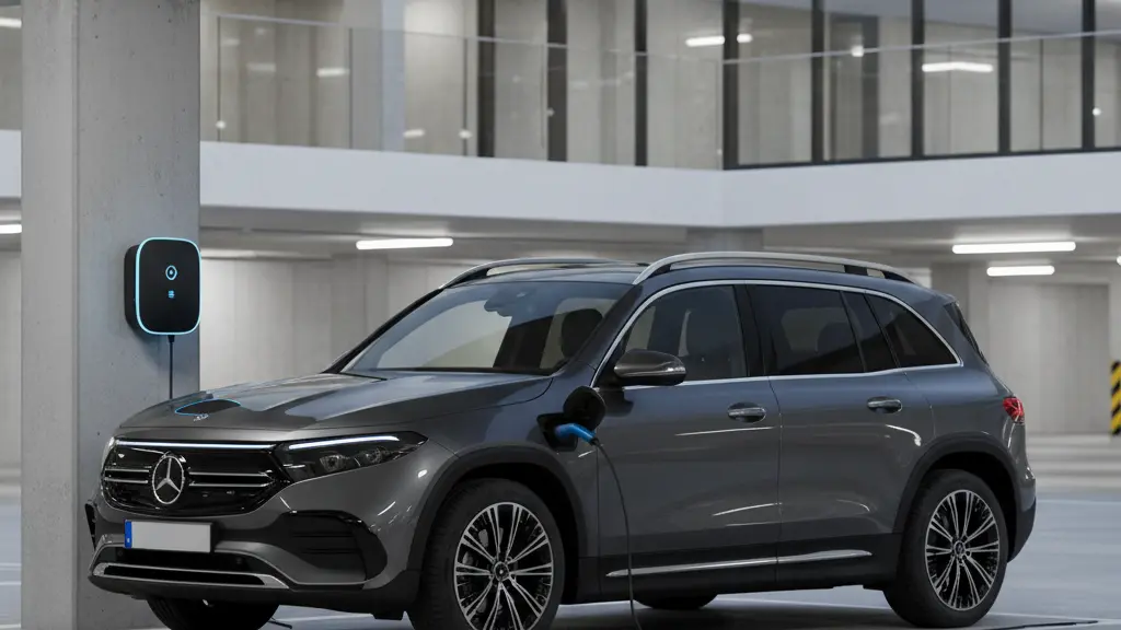 An ultra-realistic, eye-level photograph of a dark grey Mercedes EQB electric vehicle actively charging via a blue-lit wallbox in a clean, brightly lit underground parking garage of a modern German apartment building. The image showcases advanced charging infrastructure seamlessly integrated into an urban residential environment, conveying convenience and sustainability for multi-family living.