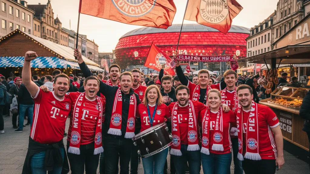 A vibrant group of Bayern Munich fans in red and white jerseys celebrate together in front of the illuminated Allianz Arena, showcasing the excitement and community spirit before a Champions League match.