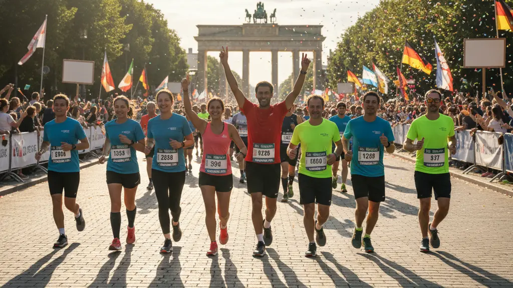 A vibrant scene from the Berlin Half Marathon 2026 showing diverse runners in motion, with the Brandenburg Gate in the background. The atmosphere is joyful, with cheering spectators and colorful displays, capturing the essence of community and determination.