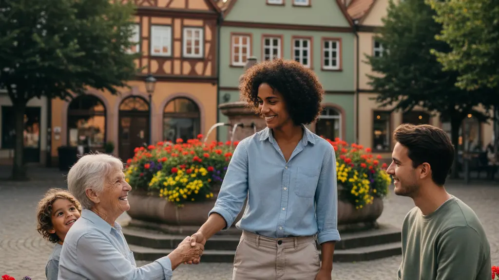 A photorealistic, sunlit image of a diverse young adult sharing a joyful moment of connection and understanding with an elderly German woman and a child in a picturesque, historic German town square, featuring traditional architecture and cobblestone pavement.