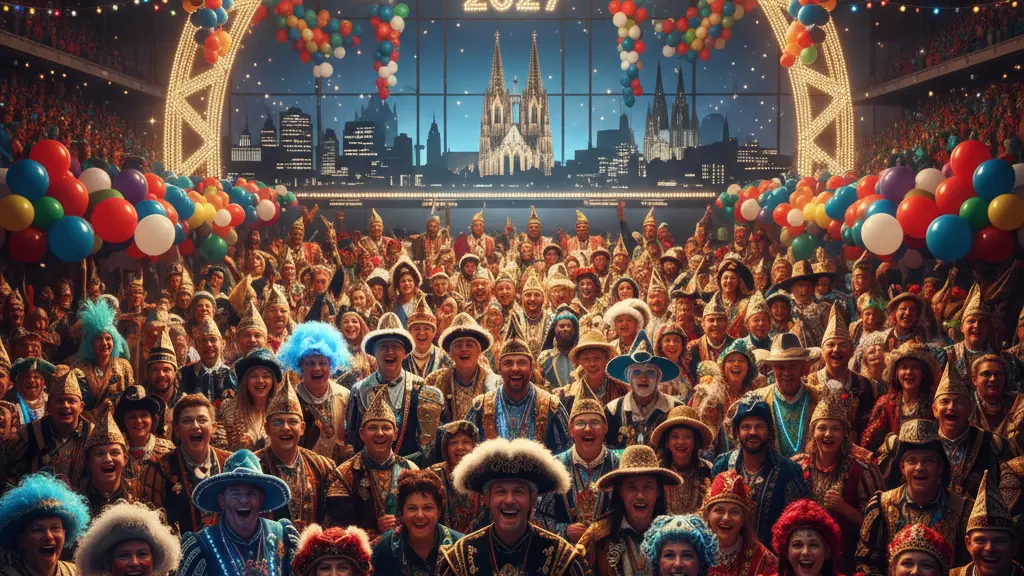 A festive scene at the LANXESS arena in Cologne, Germany, showcasing a diverse crowd in colorful Carnival costumes joyfully celebrating at the Laughing Kölnarena 2027 amidst a backdrop of bright lights and subtle architectural hints of Cologne.