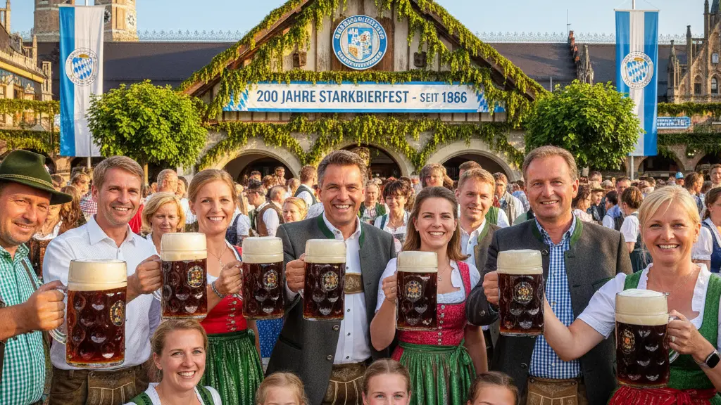 A vibrant scene from the Nockherberg Starkbierfestival in Munich 2026, showcasing attendees in traditional Bavarian clothing joyfully holding beer mugs in a festive atmosphere with the Nockherberg beer hall in the background.