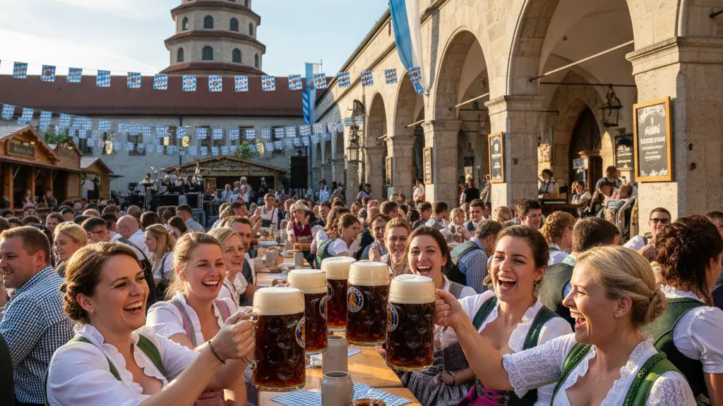 A lively scene at the Nockherberg Starkbierfest in Munich, showcasing diverse festival-goers in traditional Bavarian attire joyously toasting with large glasses of Salvator beer, against the backdrop of the Paulaner-Kloster and Chinesischer Turm under a clear blue sky, capturing the festive and uplifting atmosphere.