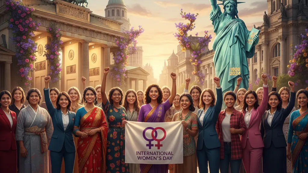 A diverse group of women in traditional and modern attire gathered in an urban setting, symbolizing unity and empowerment for International Women's Day, with recognizable landmarks like the Brandenburg Gate and Statue of Liberty in the background.