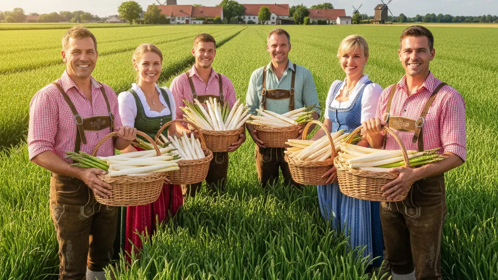 Farmers joyfully harvesting fresh asparagus in Beelitz, Germany, surrounded by lush green fields and traditional Brandenburg architecture, symbolizing the start of the asparagus season.