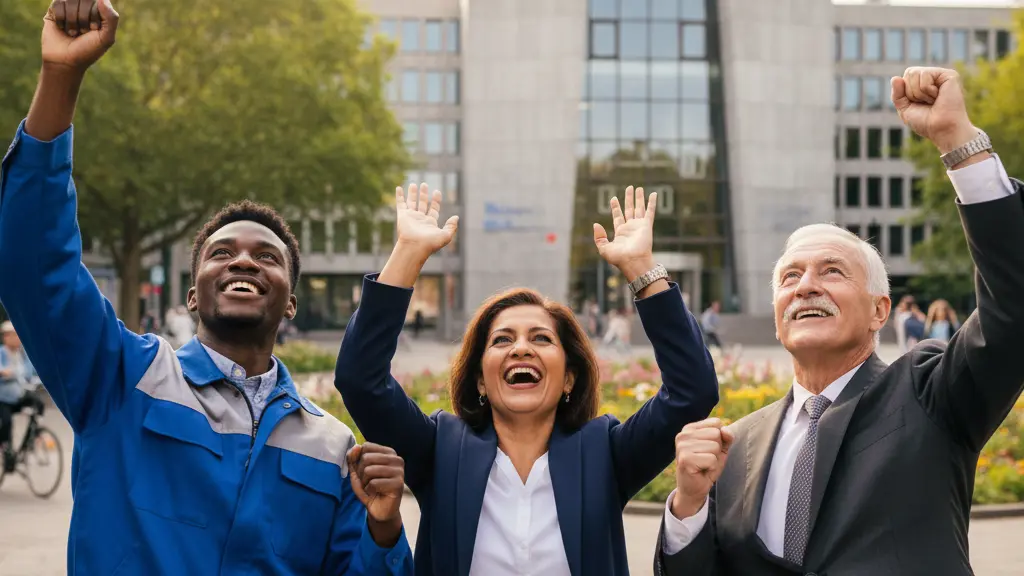 A diverse group of three state employees celebrating in a vibrant urban setting in Germany, joyfully raising their hands with smiles, symbolizing a recent pay agreement. The background features modern German architecture and green spaces, emphasizing a sense of community and achievement.