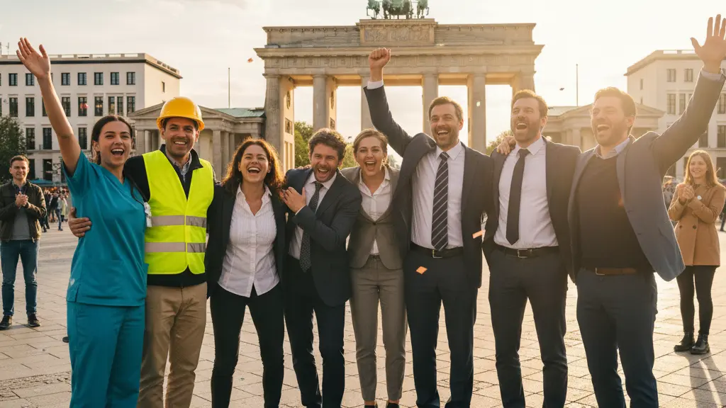 A diverse group of public sector workers joyfully celebrating a pay raise announcement in Berlin, surrounded by iconic architectural landmarks, showcasing a sense of accomplishment and optimism.