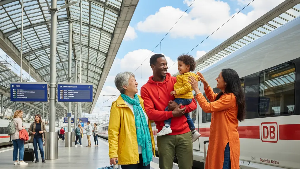 A joyful multicultural group of train passengers at a modern German train station, celebrating timely travel while waiting beside a Deutsche Bahn train.