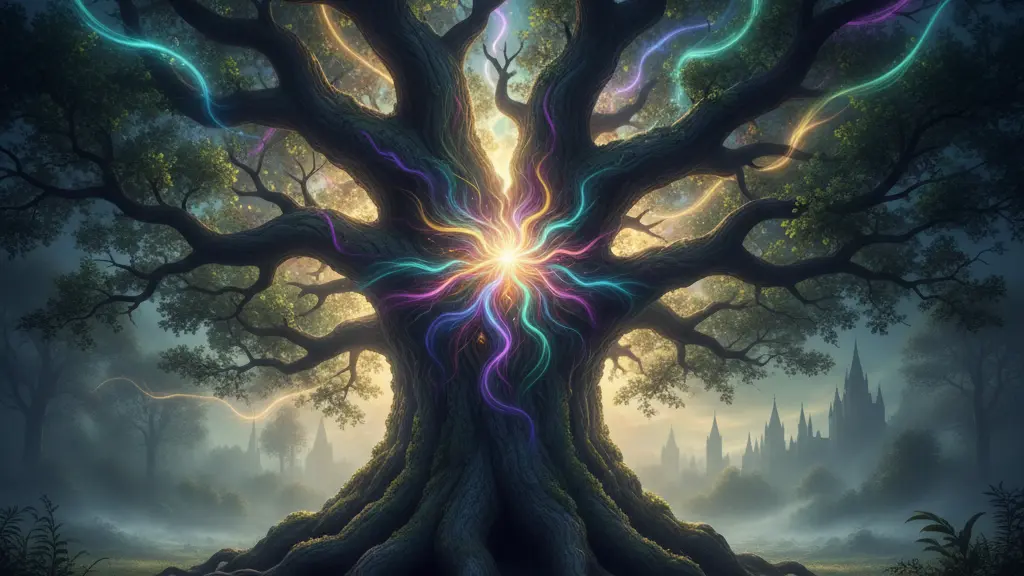 A hyperrealistic, cinematic image showing an ancient, massive oak tree at the absolute center of a misty German forest at dawn. Ethereal, swirling chromatic light, ranging from deep indigo and violet to emerald and warm golden hues, emanates from the tree's core, bathing the scene in a mystical, transformative glow. In the distant, fog-shrouded background, subtle outlines of romantic German castle architecture are visible, providing regional context. The image conveys spiritual awakening and awe, with meticulous detail in light, texture, and color, and no text.