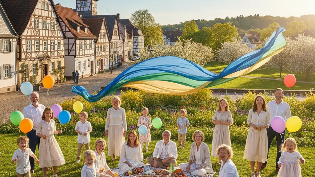 A joyful community gathering in Groß-Umstadt, Germany, featuring diverse people celebrating under a bright sky after an environmental recovery, with traditional architecture in the background.